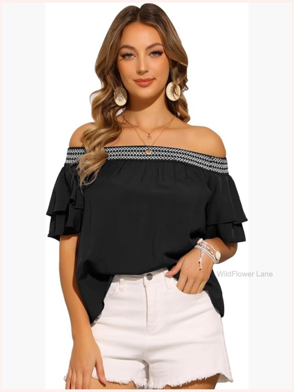 Ruffle Off Shoulder Smocked Boho Blouse Bell Sleeve